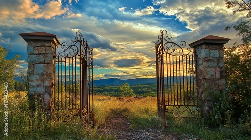 Open Gate to Scenic Sunset Landscape photo