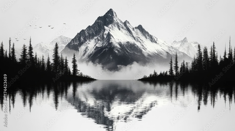 Monochrome mountain lake reflection, misty peaks, snow-capped, tranquil forest. Monochrome mountain lake reflection, misty peaks, snow-capped, tranquil forest.