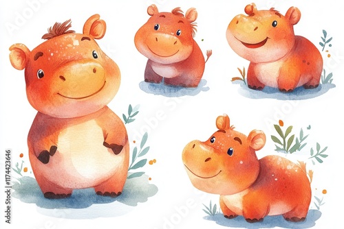 Cute illustrations of hippos with cheerful expressions and playful poses. photo