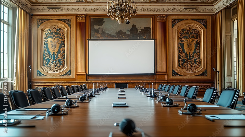 Obraz premium Empty conference room with large blank screen, long wooden table, and ornate walls.