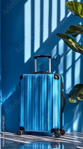 Blue suitcase against a blue wall with sunlight and plant. photo