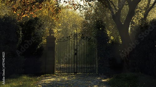 Sunlit Autumn Path: Mysterious Gate in a Secluded Garden