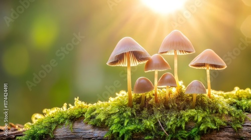 Wallpaper Mural Sunlit mushrooms growing on moss-covered log. Torontodigital.ca