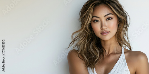 Beautiful young Asian woman with wavy brown hair wearing a white top, generative AI