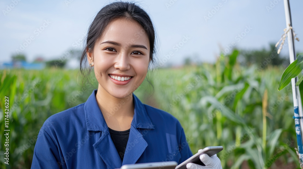 Indonesian woman farmer agronomist using digital tablet for examining corn Indonesian woman farmer agronomist using digital tablet for examining corn