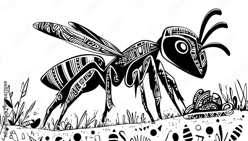 Stylized tribal patterned bee foraging near decorative ground. Suitable for nature-inspired designs, apparel, tattoos, or wall art. Stylized tribal patterned bee foraging near decorative ground. Suitable for nature-inspired designs, apparel, tattoos, or wall art.
