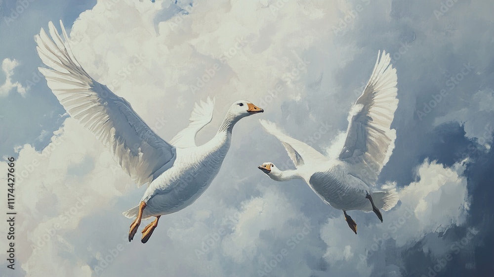 Fototapeta premium White Geese in Flight: A Stunning Nature Painting