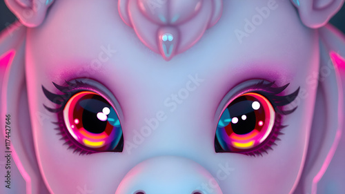 Melanated Manga kewpie kawaii dragon-unicorn-mermaid.  colorful bright glossy eyes.  globe reflection in the one open eye. 8K manga kewpie  with vibrant neon
Gentle lighting, combined with neon, illum photo