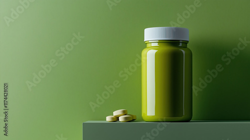 Supplement bottle on a green and white backdrop, showcasing health product photo