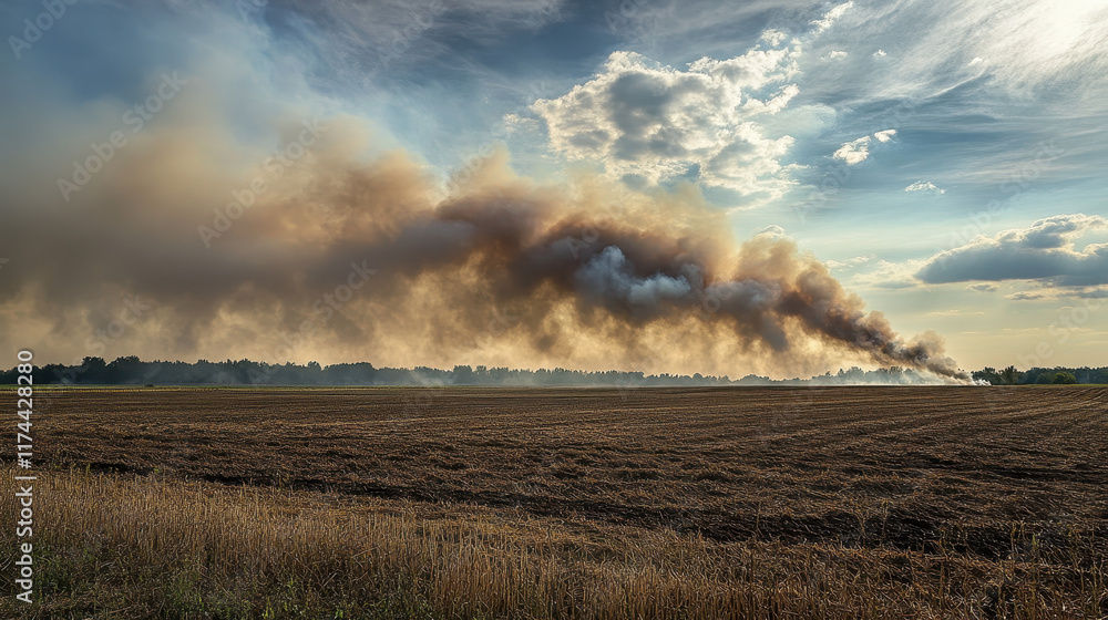 Burning Fields: A dramatic landscape photo depicting a large plume of smoke billowing across a harvested field against a partly cloudy sky. Burning Fields: A dramatic landscape photo depicting a large plume of smoke billowing across a harvested field against a partly cloudy sky.