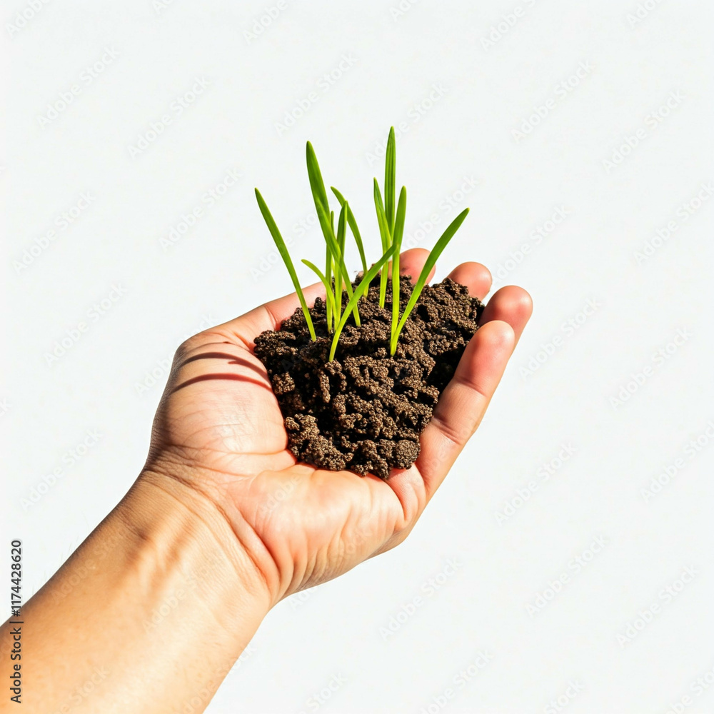 hand holding small green plants growing from dark soil against white background hand holding small green plants growing from dark soil against white background
