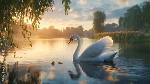 Fototapeta Naklejka Na Ścianę i Meble -  Serene Sunrise: A Majestic Swan on a Tranquil Lake