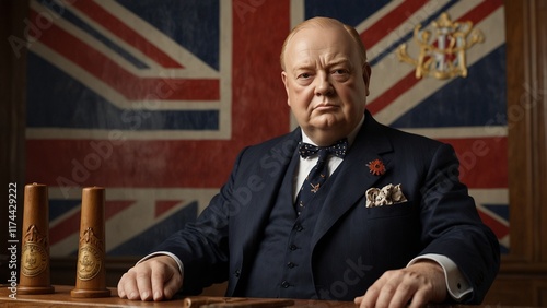A lifelike wooden carving of Winston Churchill, depicted with a victory pose, surrounded by carved British bulldogs, cigars, and wartime emblems.