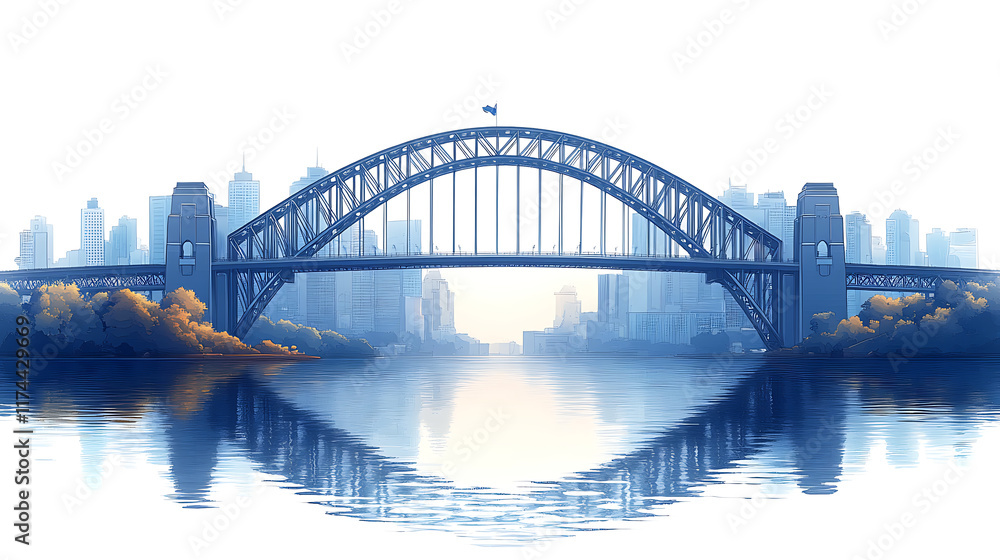 Naklejka premium Iconic steel arch bridge over calm water, reflecting city skyline at dawn.
