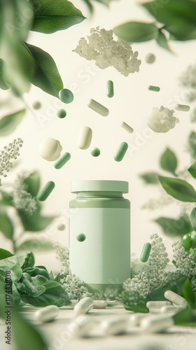 Vitamin box mockup with green leaves and soft pills falling, clean light beige background. photo