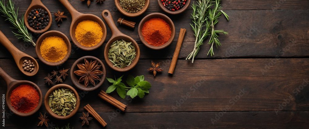 Assorted Spices and Herbs in Bowls on Rustic Wooden Background, Flat Lay Copy Space