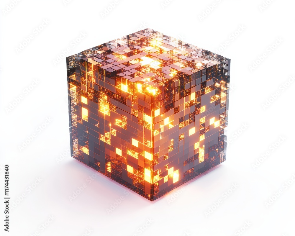 Obraz premium A glowing cube made of shimmering blocks, radiating warm light and captivating designs.