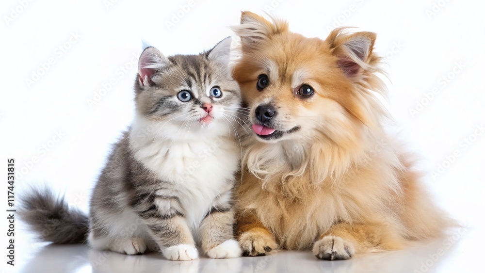 Adorable Spitz Puppy Licking Happy Cat - Isolated White Background Pet Stock Photo Adorable Spitz Puppy Licking Happy Cat - Isolated White Background Pet Stock Photo