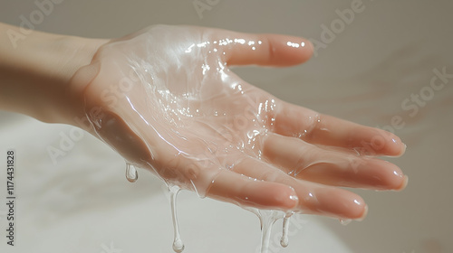 Back of a hand with light liquid layer, white-skinned fingers slightly spread, minimalist scene.