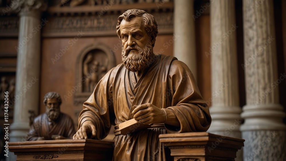 Fototapeta premium A lifelike wooden carving of Aristotle, depicted teaching in a Greek academy, surrounded by carved scrolls, columns, and laurel wreaths.