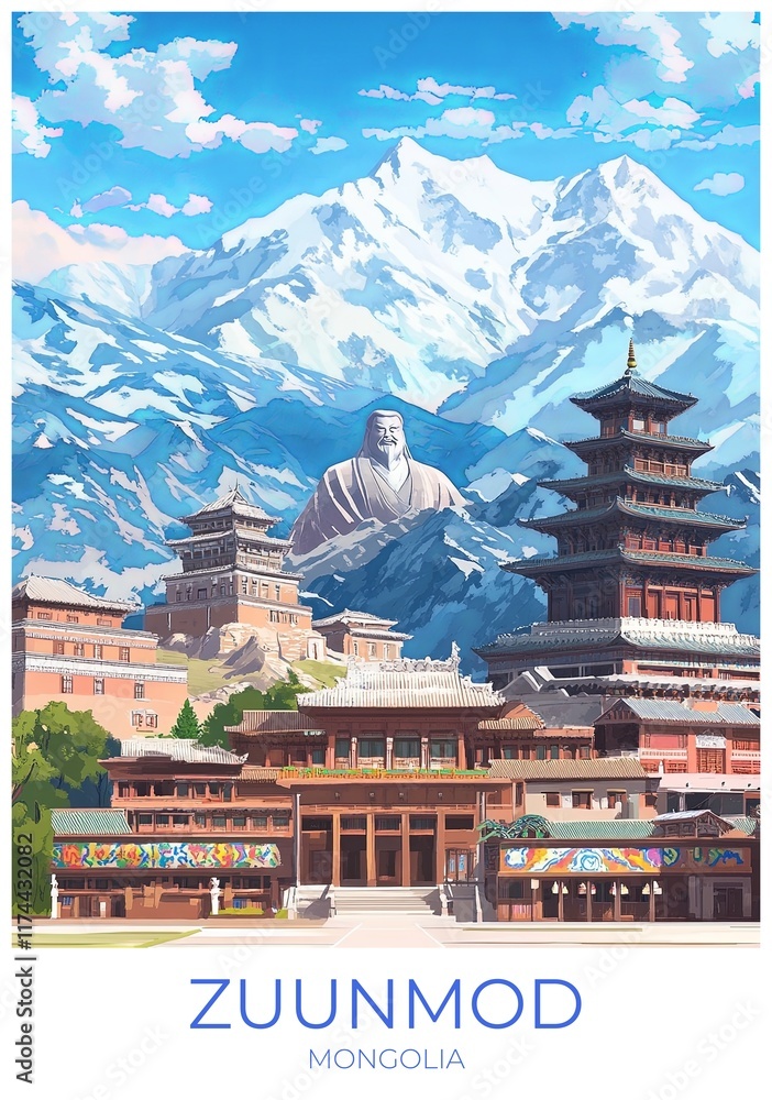 Fototapeta premium Zuunmod Mongolia Travel Poster Flat Illustration Print Decor Gift Canvas Wall Art Gift