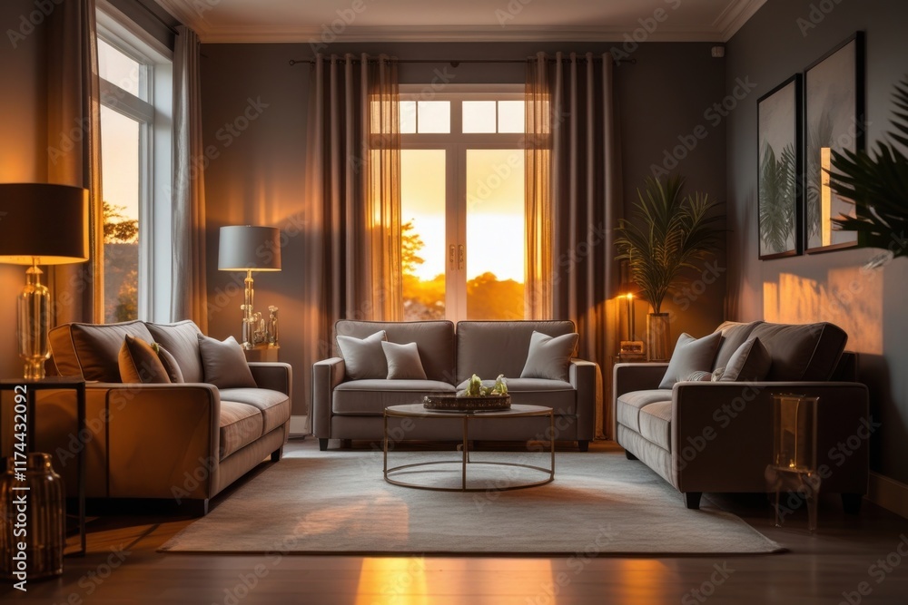 Fototapeta premium Golden Hour Glow - Enhancing Cozy Elegance in the Living Room.