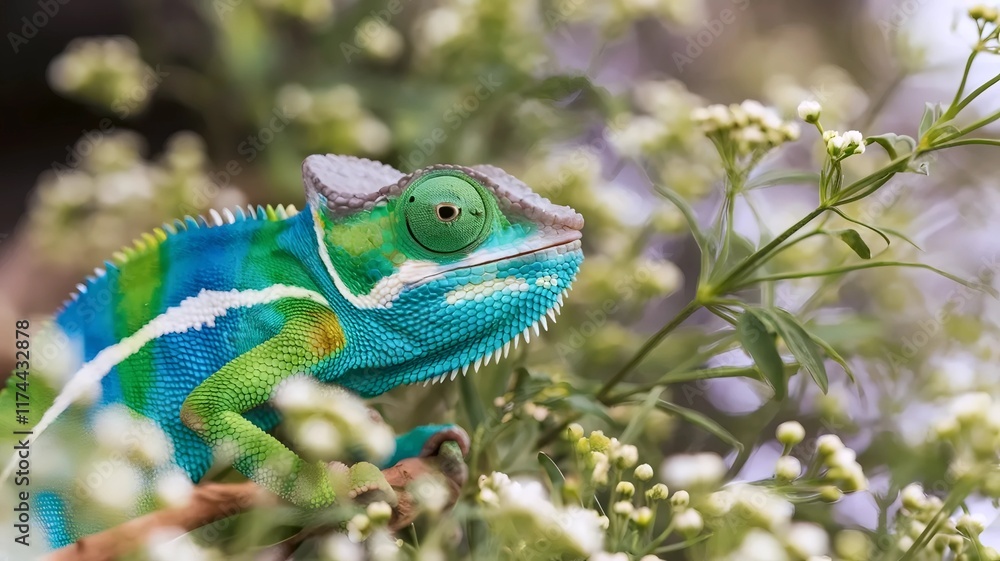 Fototapeta premium Macro shot of a colorful chameleon blending with its surroundings
