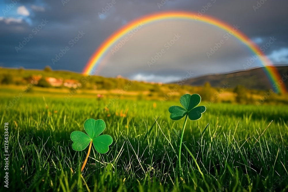Naklejka premium rainbow over green field st patrick day background