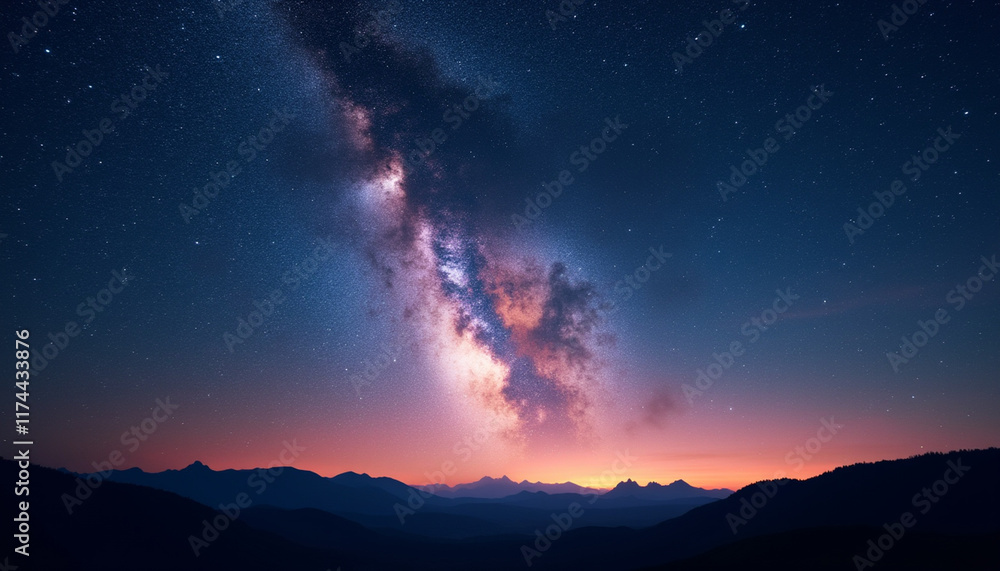 Fototapeta premium A breathtaking view of the Milky Way galaxy arching over a range of silhouetted mountains during a vibrant sunset.