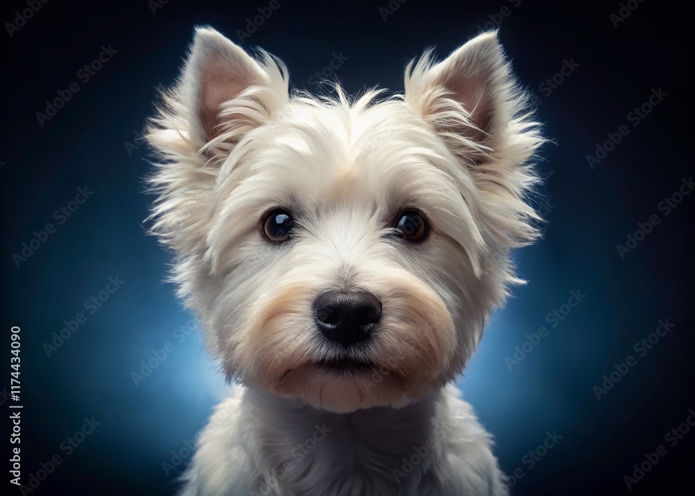 Adorable West Highland White Terrier Puppy Close-Up Studio Shot on Dark Blue Background Adorable West Highland White Terrier Puppy Close-Up Studio Shot on Dark Blue Background