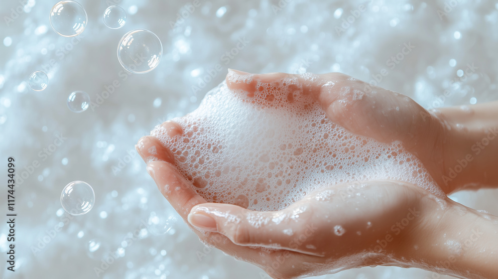 Fototapeta premium Hand Holding White Soap Bubbles with Clean White Soap Background for Hygiene and Skincare Concepts