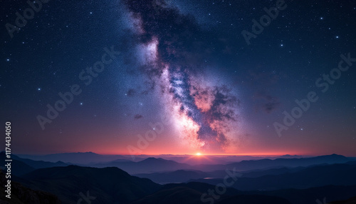 Wallpaper Mural A breathtaking panoramic view of the Milky Way galaxy arching over a silhouetted mountain range at sunrise, displaying vibrant colors across the sky. Torontodigital.ca