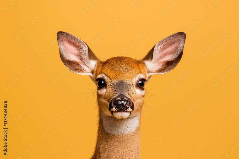 Close up of deer fawn with large ears and bright eyes against yellow background Close up of deer fawn with large ears and bright eyes against yellow background