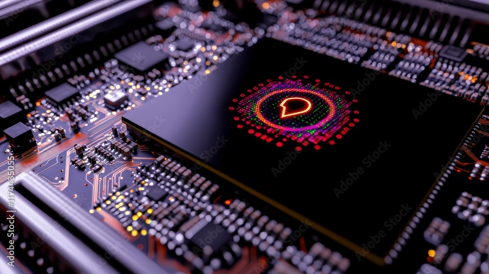 Obraz premium Futuristic Motherboard AI Chatbot Technology CPU Data Flow Microchip 3D Render
