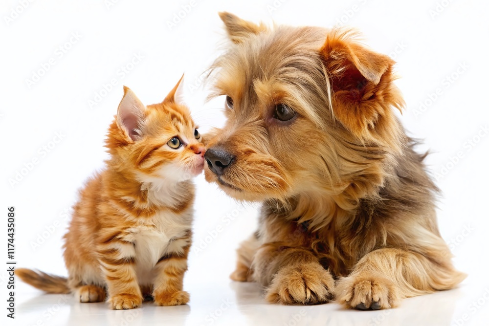 Adorable Yorkshire Terrier Puppy Sniffing Ginger Kitten - Minimalist White Background Stock Photo Adorable Yorkshire Terrier Puppy Sniffing Ginger Kitten - Minimalist White Background Stock Photo