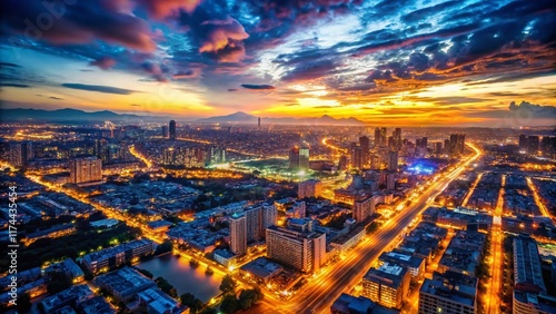 Aerial Cityscape at Dusk with Blue Bokeh Background - Stunning Drone Photography