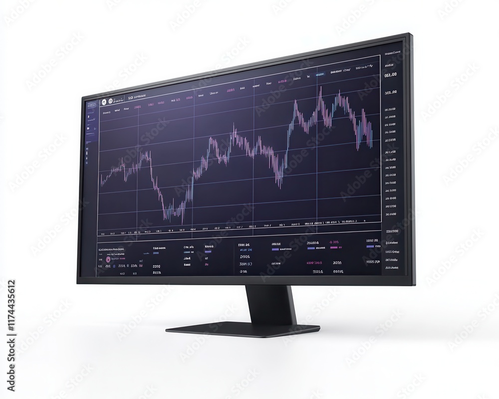 A sleek computer monitor displaying stock market data analytics with graphs. A sleek computer monitor displaying stock market data analytics with graphs.