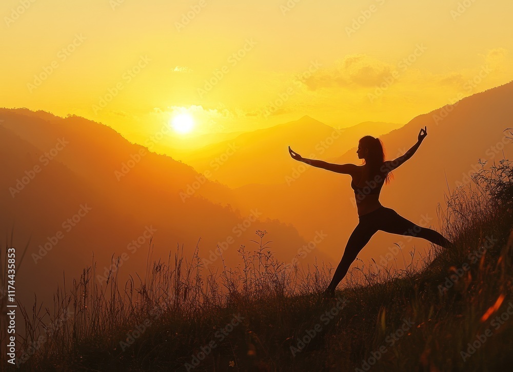 Young woman doing a yoga warrior pose in the mountains at sunset Young woman doing a yoga warrior pose in the mountains at sunset