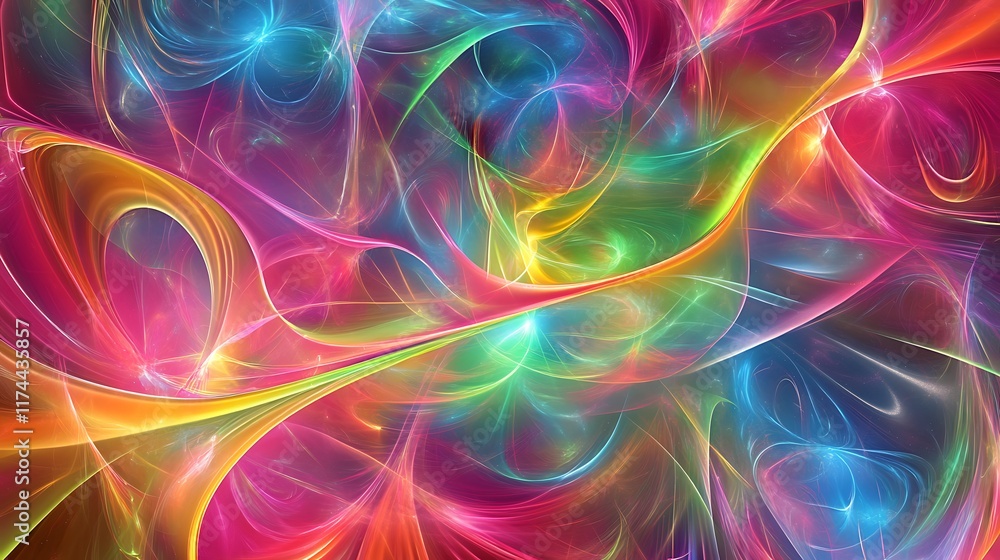 Abstract fractals in vibrant neon hues flowing through interstellar space Abstract fractals in vibrant neon hues flowing through interstellar space