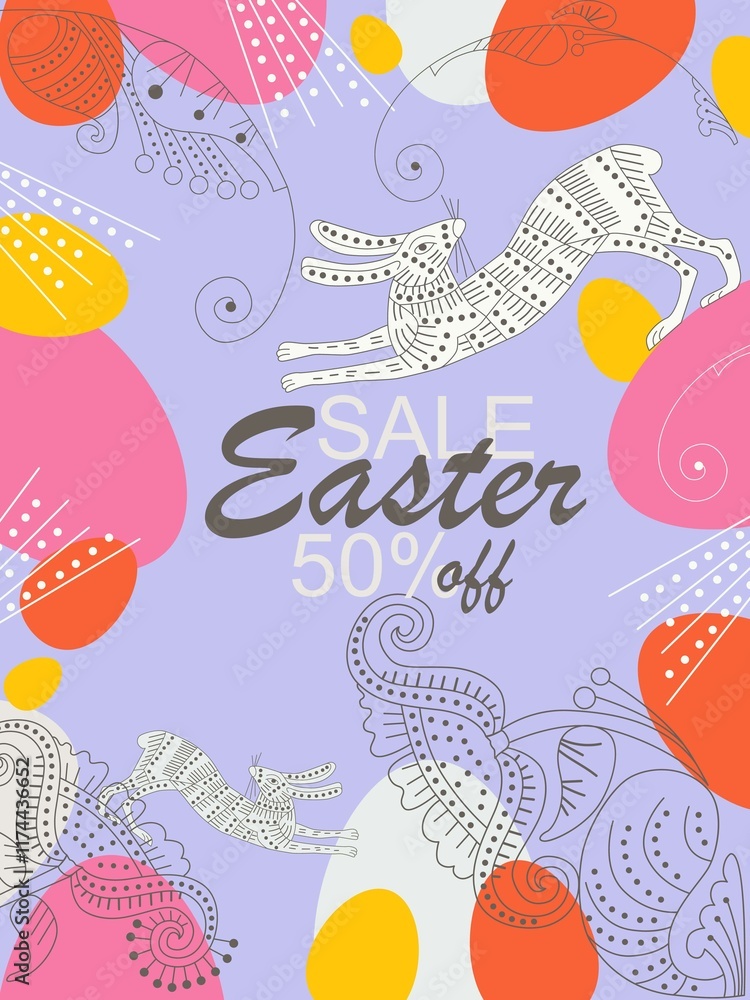 Naklejka premium Happy Easter banner, greeting cards, posters, holiday covers. Trendy design with hand painted plants, dots, eggs and bunny, in pastel colors. Modern art minimalist style. Eps 10. Vector illustration.