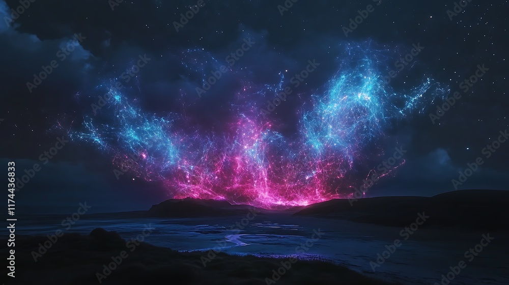 Fototapeta premium Pulsating neon fractals morphing into celestial structures under a dark sky