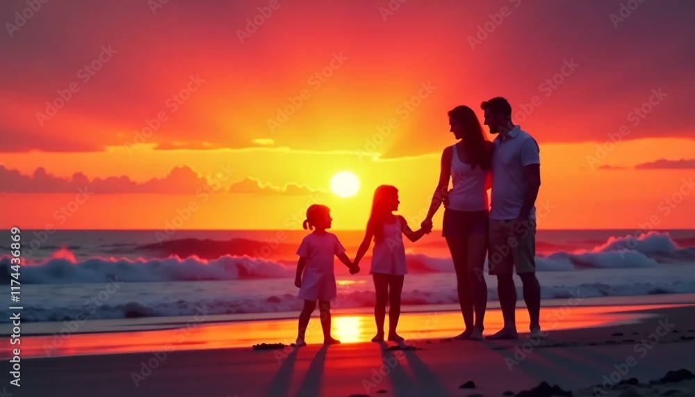 Fototapeta premium Family Sunset Beach , Glowing Red Sky , Silhouetted Figures