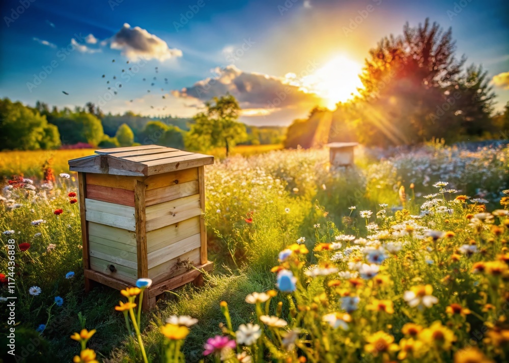 Aerial Drone Shot of Honeybee Hive in Wildflower Meadow Aerial Drone Shot of Honeybee Hive in Wildflower Meadow
