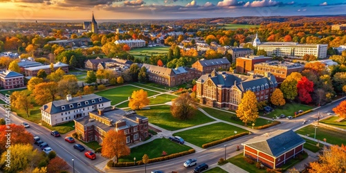 Aerial Drone Shot of Rowan University Campus,  South Jersey College Buildings, Fall Scenery