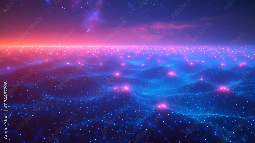 Interconnected fractal shapes glowing with neon brilliance in a celestial field Interconnected fractal shapes glowing with neon brilliance in a celestial field