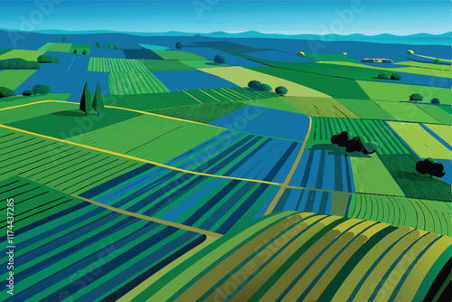 An aerial view of a vast green field, showcasing intricate crop patterns and the beauty of agricultural landscapes.