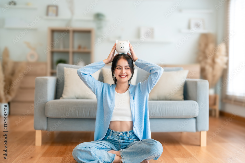 Φωτογραφία Young Asian woman holding piggy bank and sitting on the floor at home