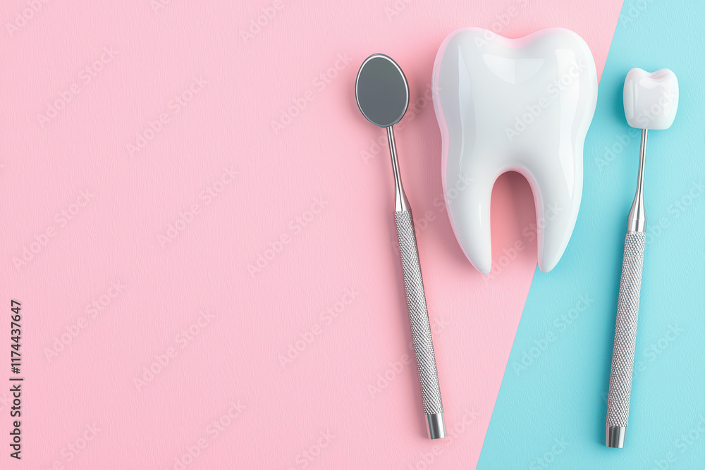 Dental theme with tools and tooth model on pastel backgrounds Dental theme with tools and tooth model on pastel backgrounds
