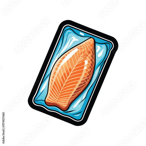 A stylized vector illustration of a frozen fish fillet encased in frost, with a minimalist, geometric design.