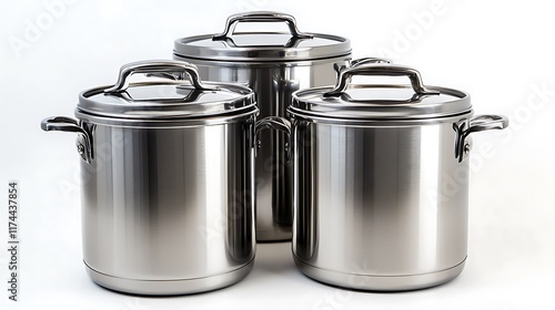 Three pots are shown in a row, all of which are silver and have lids photo